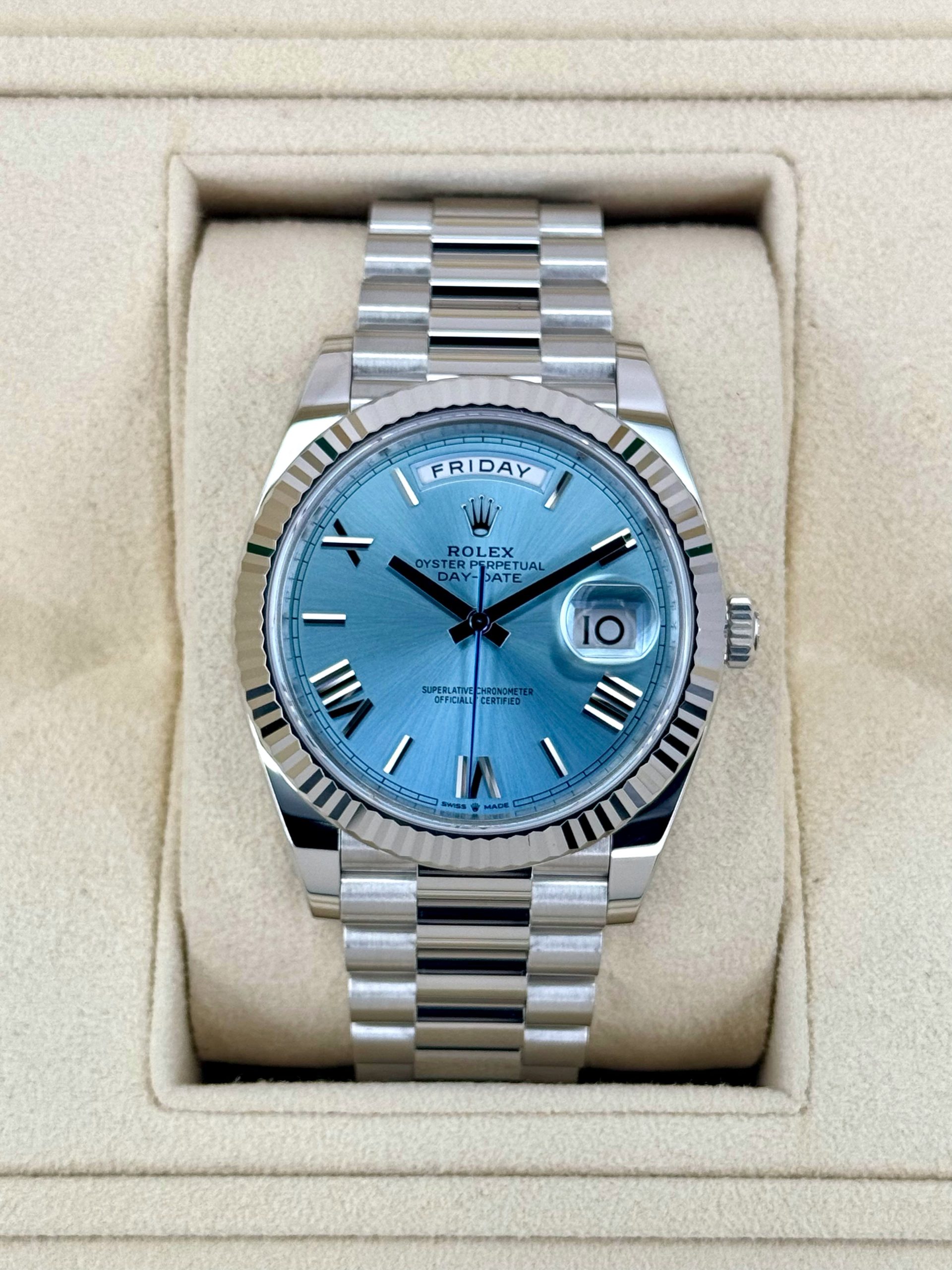 New 2024 Rolex Day Date Platinum 40mm 228236 Ice Blue Roman Dial Rolex New 2024 Rolex Day Date Platinum 40mm 228236 Ice Blue Roman Dial Rolex - Image 1