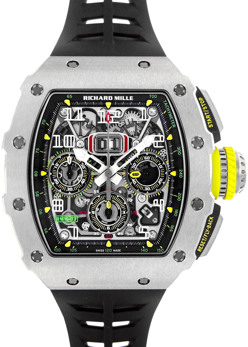 Richards Mill - Automatic Flyback Chronograph| by Richard Mille| RM11 - 03| TI Skeleton Clock Automatic Winding Rubber| Commissions| Unused item| Richards Mill - Automatic Flyback Chronograph| by Richard Mille| RM11 - 03| TI Skeleton Clock Automatic Winding Rubber| Commissions| Unused item| - Image 1
